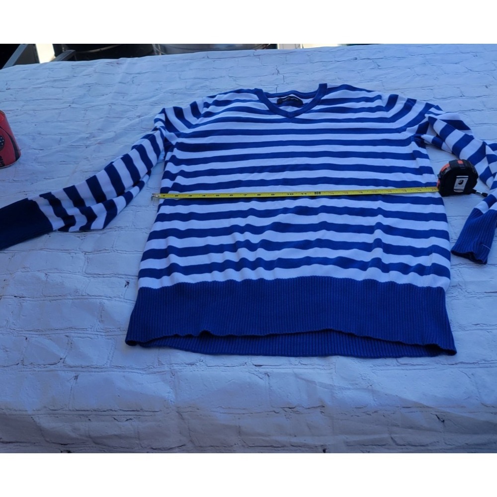 Tommy Hilfiger Womens Blue White Striped V-Neck Long Sleeve Knit Sweater L